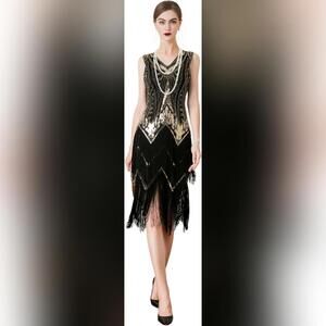 NWT Wuchieal Womens 1920s Beaded Fringed Great Gatsby Flapper Dress, Small